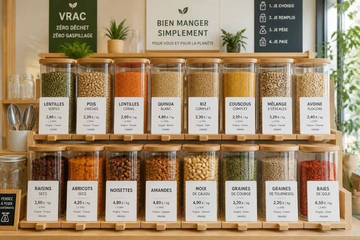 Aménagement d’un espace vrac en magasin avec distributeurs étiquetés de céréales, légumineuses et fruits secs.