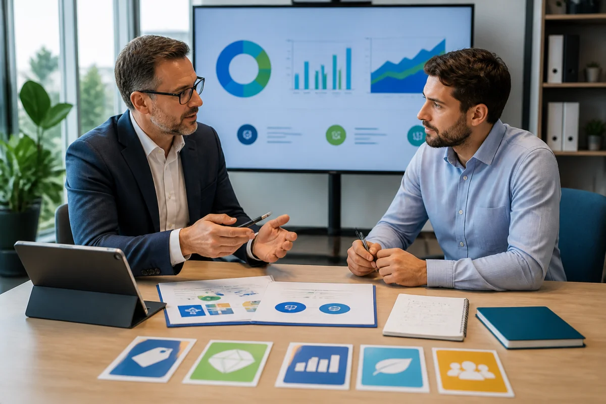 Argumentaire de vente exemple : conseiller commercial présentant une proposition personnalisée autour des coûts, de la rentabilité et du déploiement.
