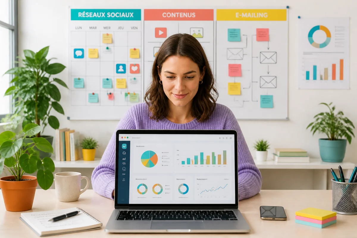 Professionnelle analysant une stratégie de réseaux sociaux, contenus et emailing pour un audit digital marketing