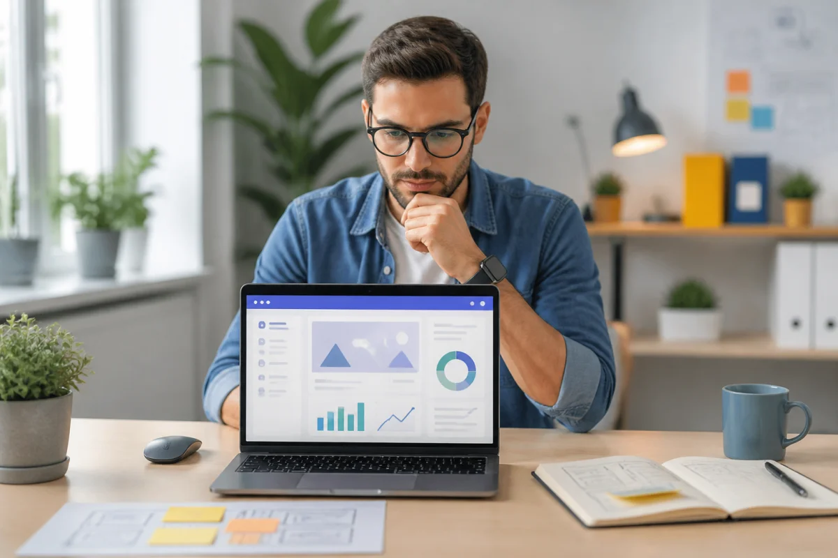 Professionnel analysant l’expérience utilisateur d’un site web lors d’un audit digital marketing sur ordinateur portable