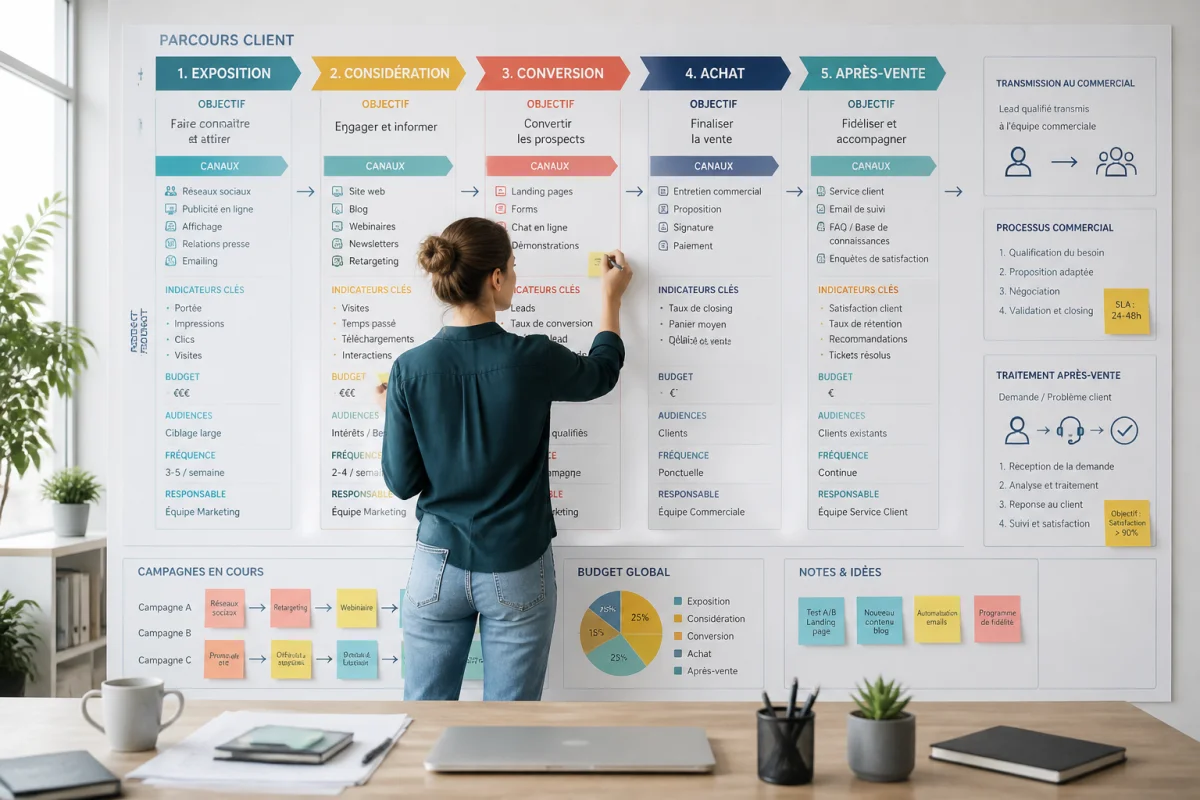Professionnelle du marketing cartographiant le parcours client pour réaliser un audit marketing efficace, de l’exposition au suivi après-vente