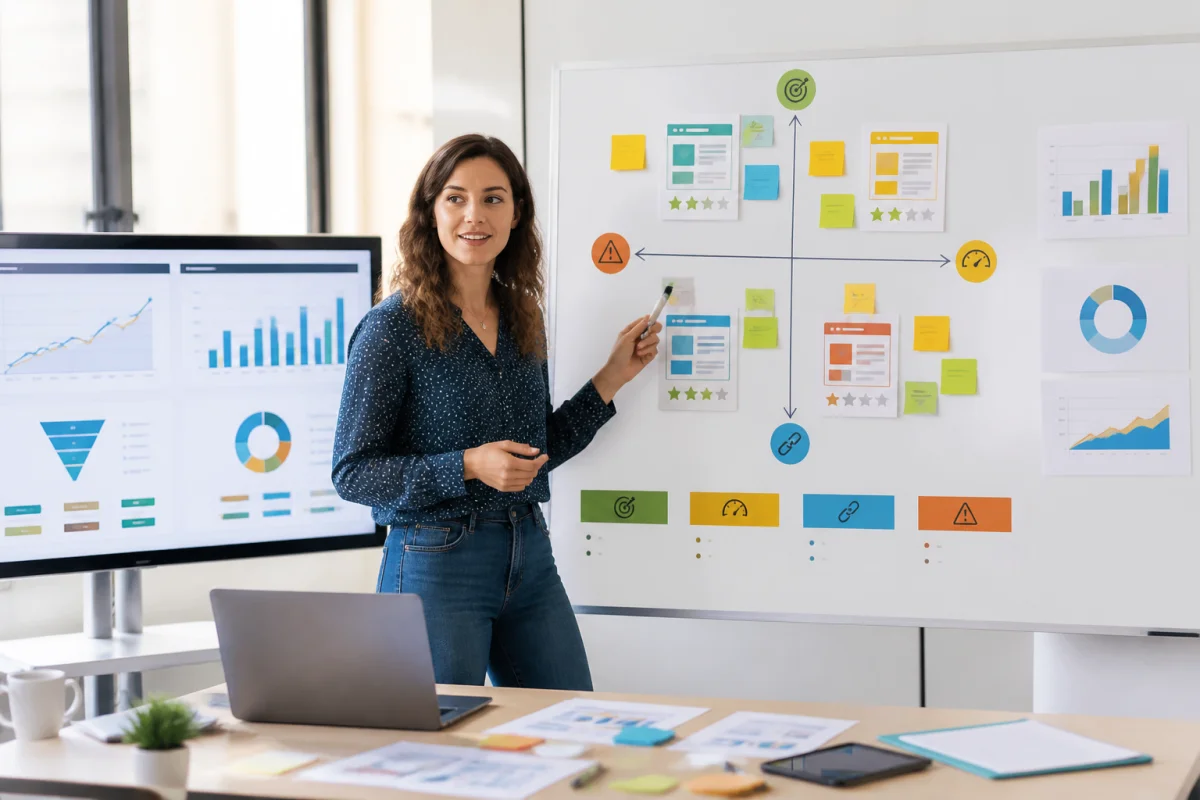 Consultante marketing analysant une matrice de priorisation pour faire un audit marketing efficace, entourée de graphiques et indicateurs.