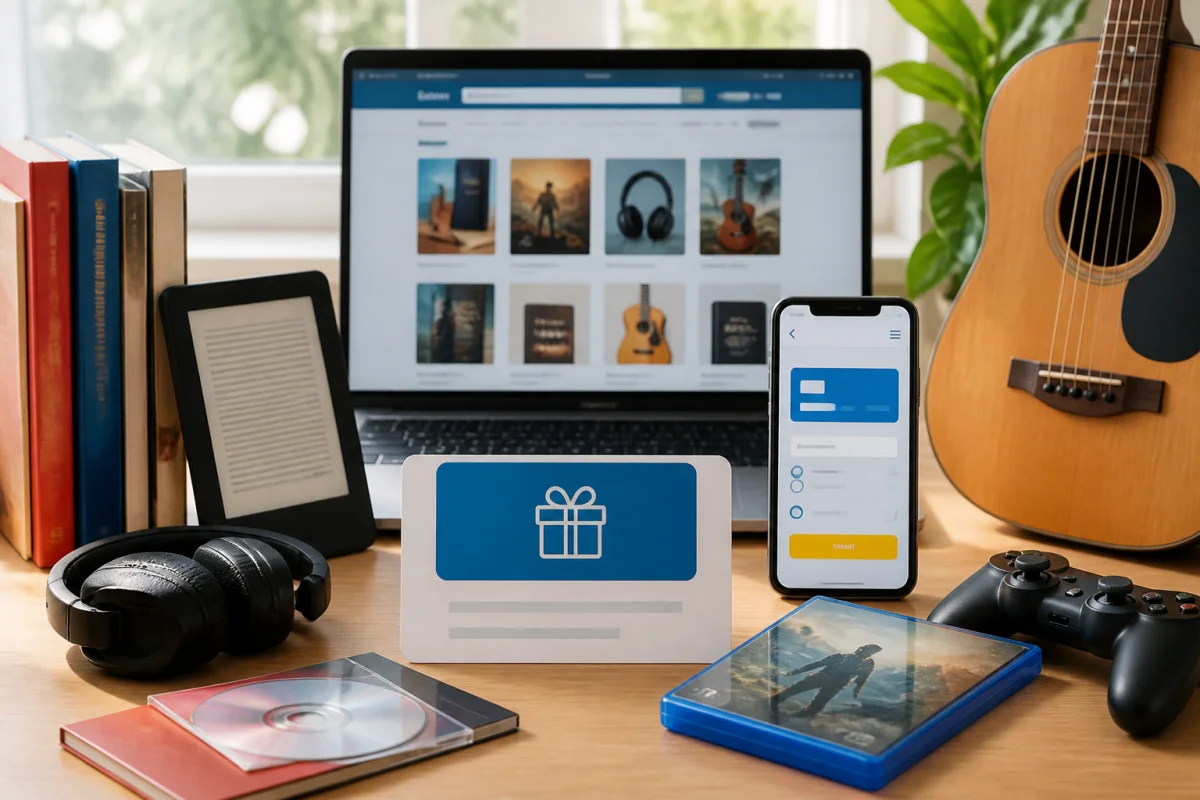 Bon d’achat dématérialisé entouré de livres, liseuse, casque audio, jeux vidéo et produits culturels en ligne