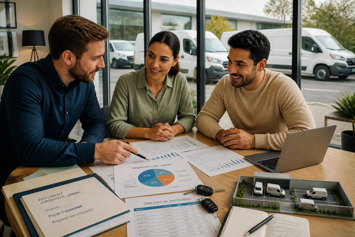 Trois associés étudient le statut juridique d’une entreprise de transport autour de documents financiers et de véhicules utilitaires.