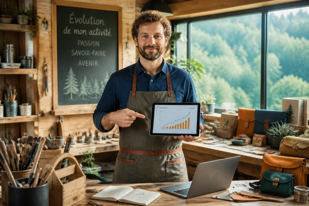 Cmaardennes : artisan des Ardennes présentant l’évolution de son activité dans un atelier lumineux avec outils, produits finis et tablette numérique