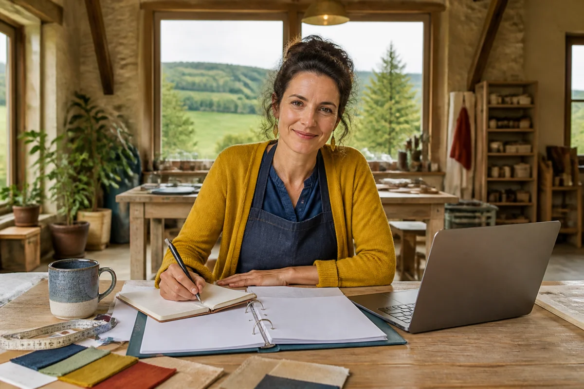 Artisane des Ardennes préparant la création de son entreprise dans un atelier rénové avec dossier administratif et ordinateur portable