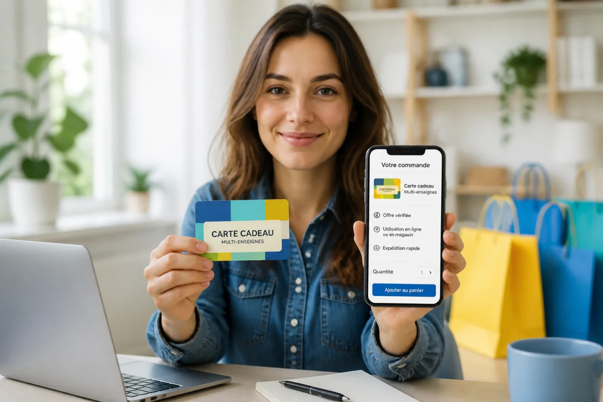Personne vérifiant sereinement un code promo Edenred sur smartphone, avec carte cadeau et ordinateur dans un intérieur lumineux