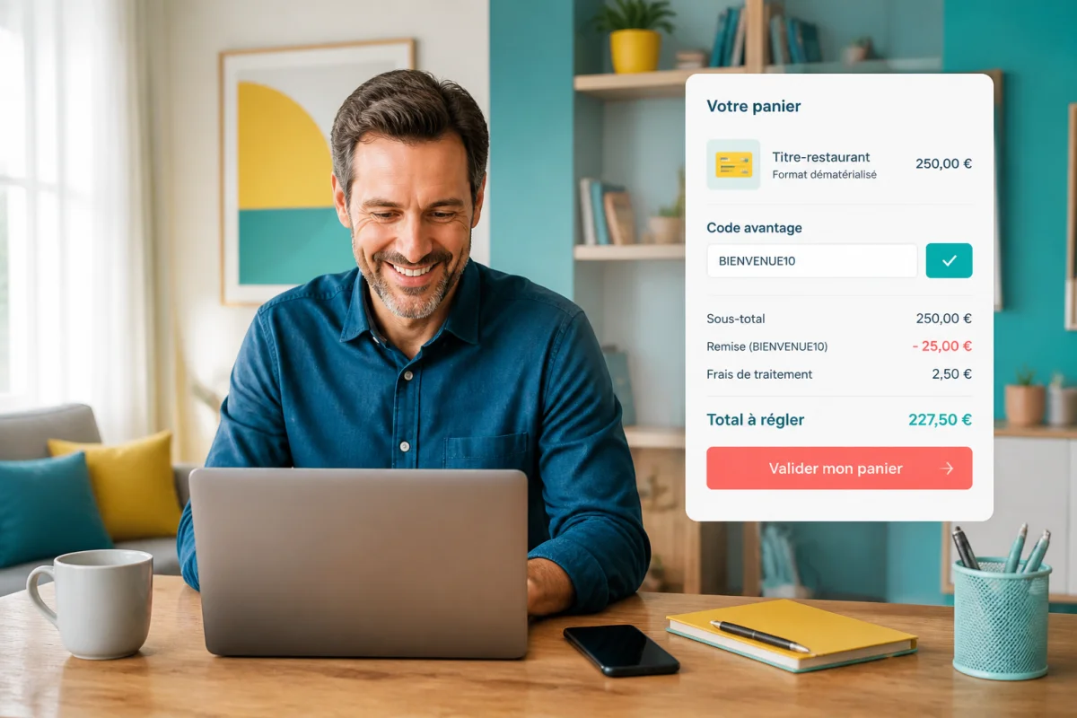 Adulte souriant saisissant un code promo Edenred dans un panier d’achat en ligne sur ordinateur portable