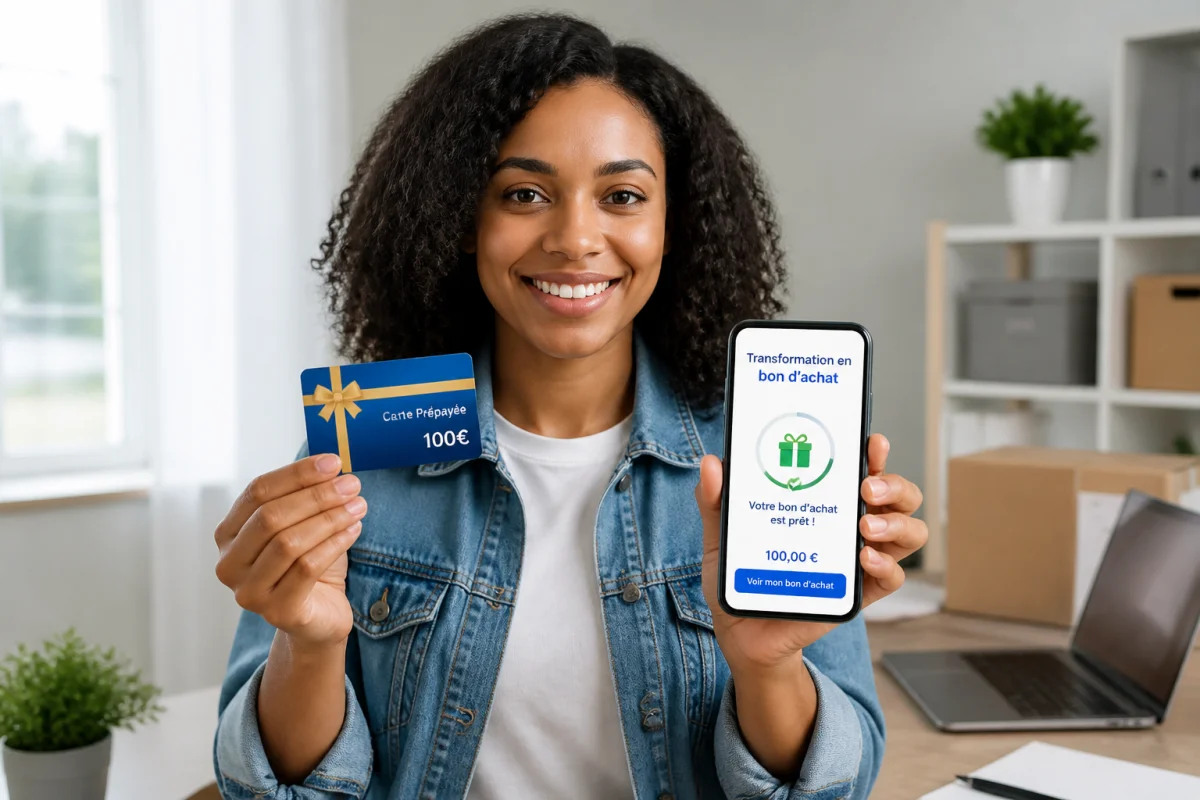 Carte cadeau et smartphone affichant une conversion en bon d’achat pour payer en ligne avec un chèque Kadéos Infini