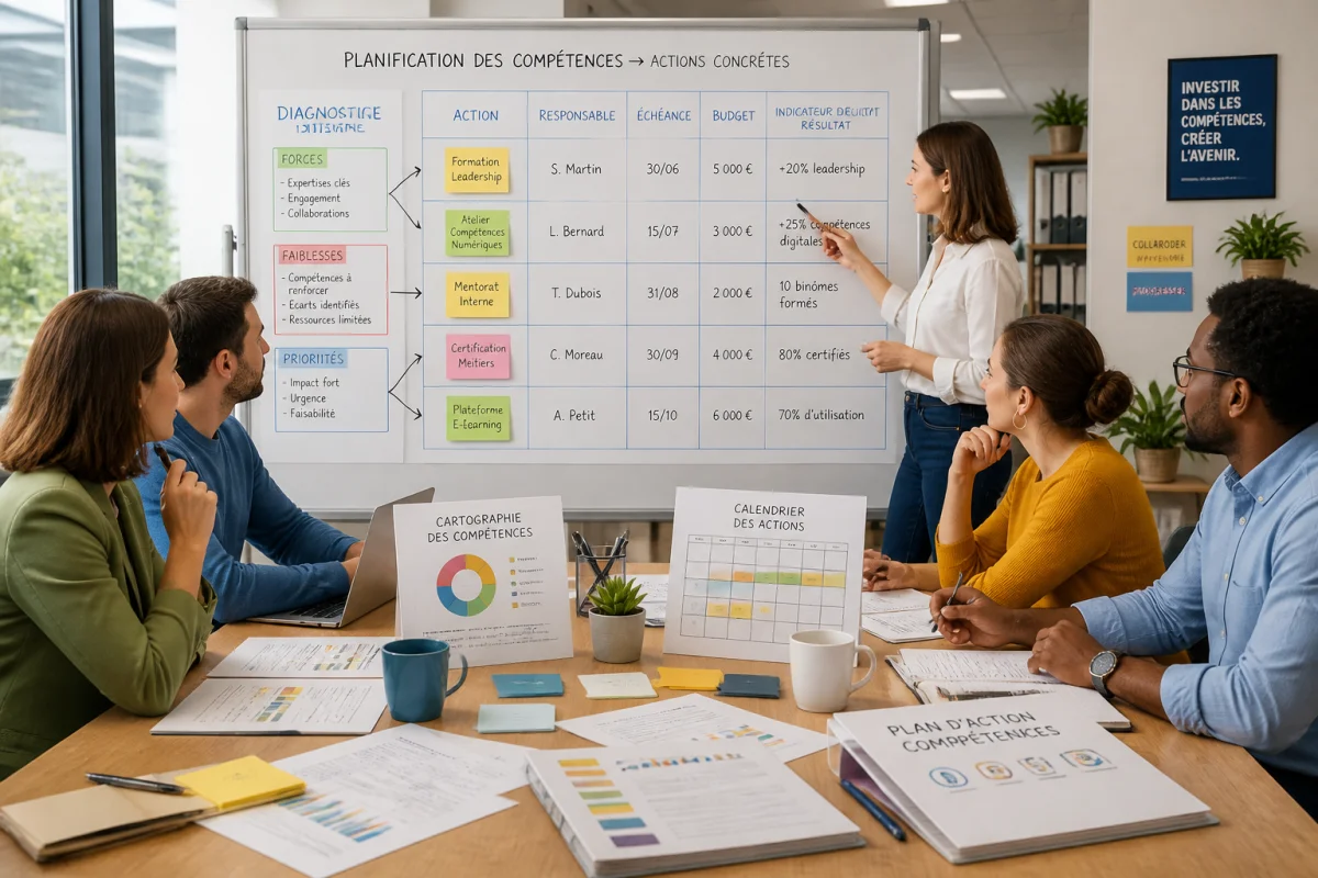 Équipe collaborative analysant un diagnostic interne de compétences et planifiant des actions concrètes autour d’un tableau stratégique