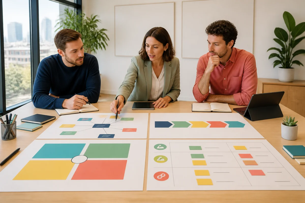 Équipe analysant un diagnostic interne de compétences avec cartographie, chaîne de valeur et matrices stratégiques colorées