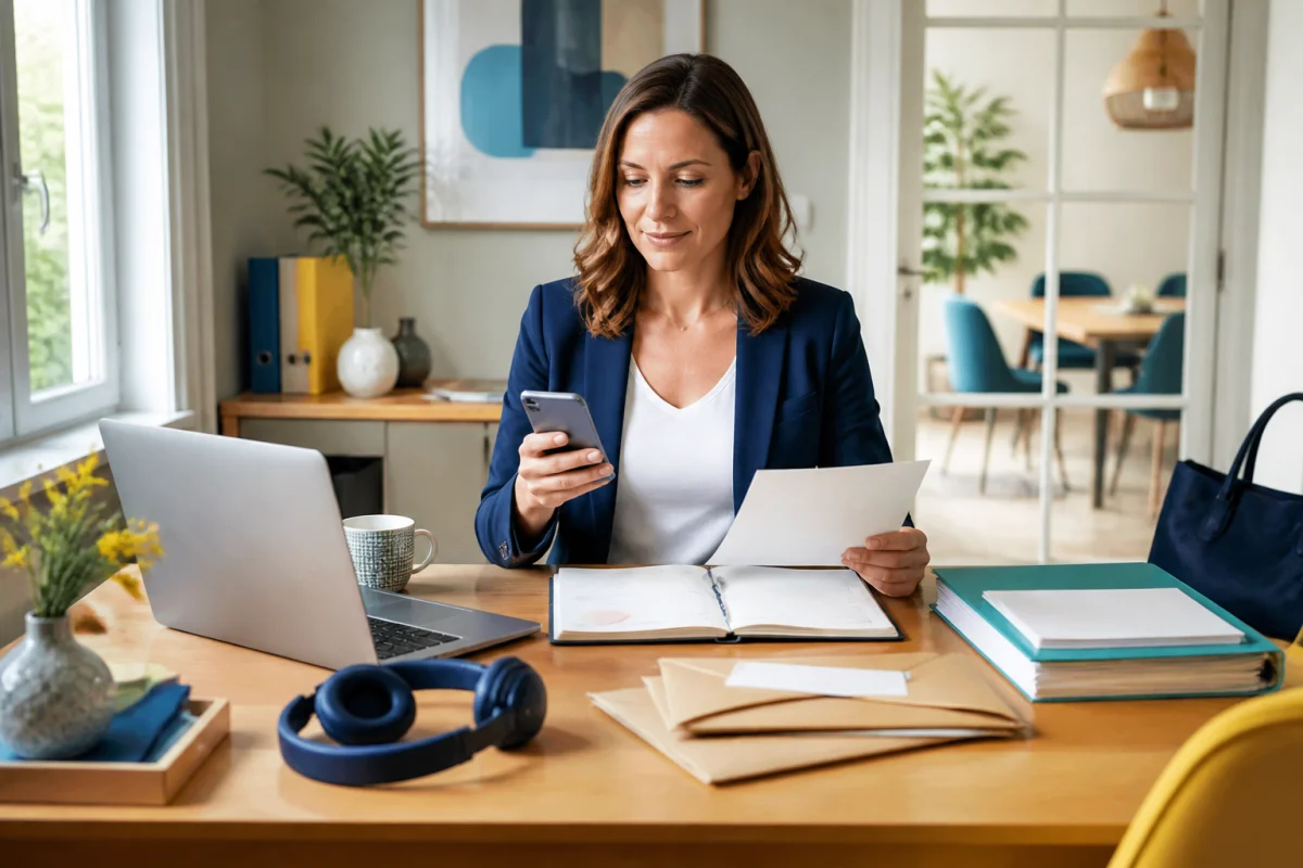 Consultante indépendante organisant documents et courrier dans un bureau à domicile pour domiciliation d'entreprise pour auto entrepreneur
