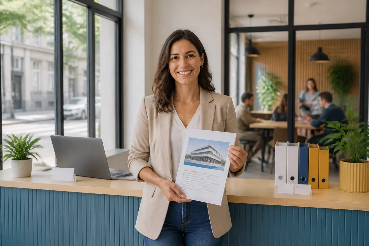 Entrepreneuse souriante présentant des documents d’adresse professionnelle pour la domiciliation d’entreprise pour auto entrepreneur