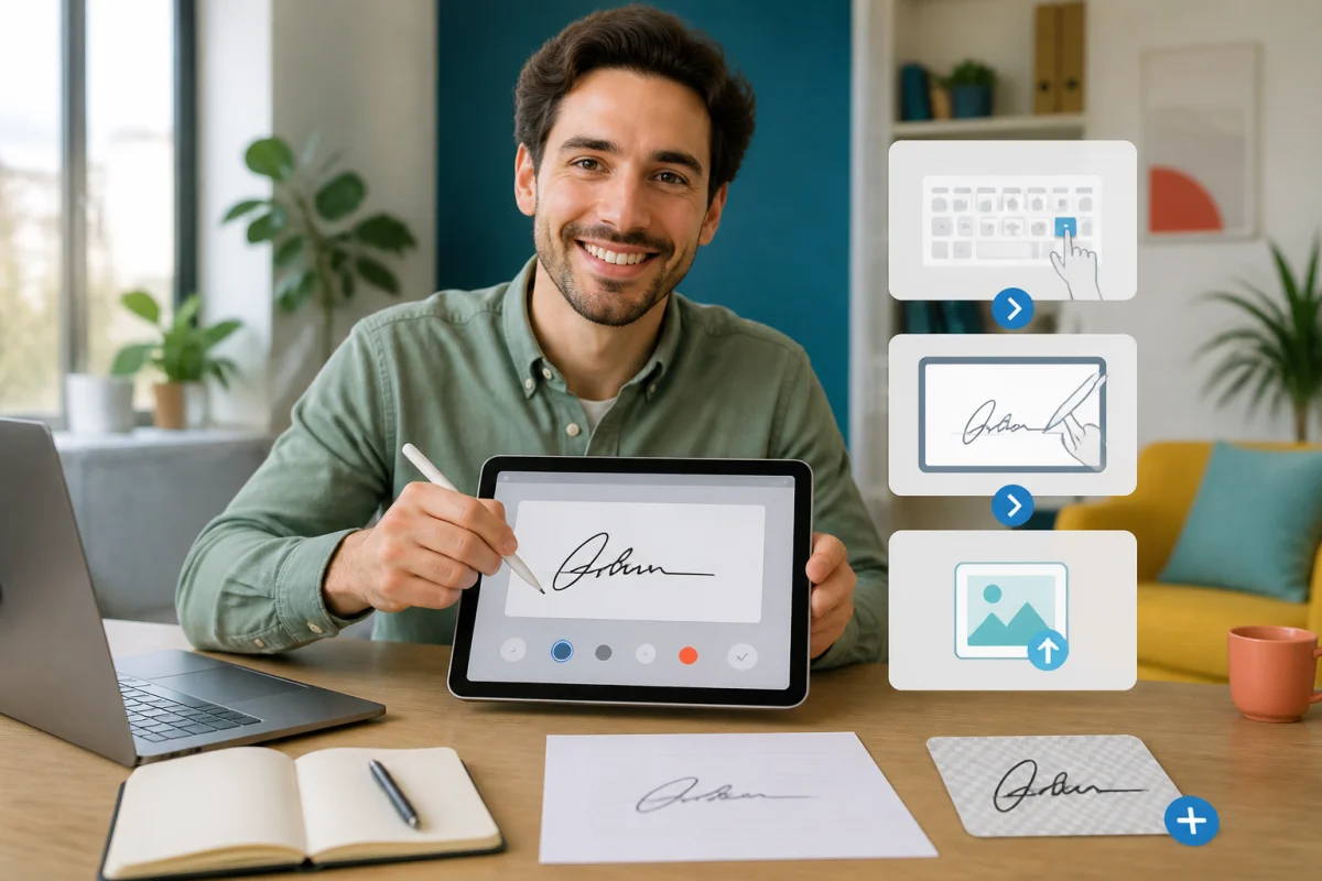 Personne créant une signature électronique sur tablette avec un stylet, options de saisie, dessin et importation visibles