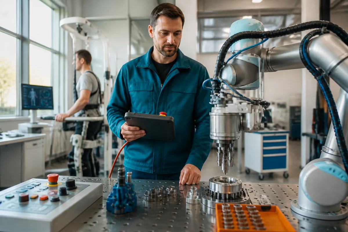 Opérateur supervise un bras robotique industriel, illustrant la future high tech et la collaboration homme-robot