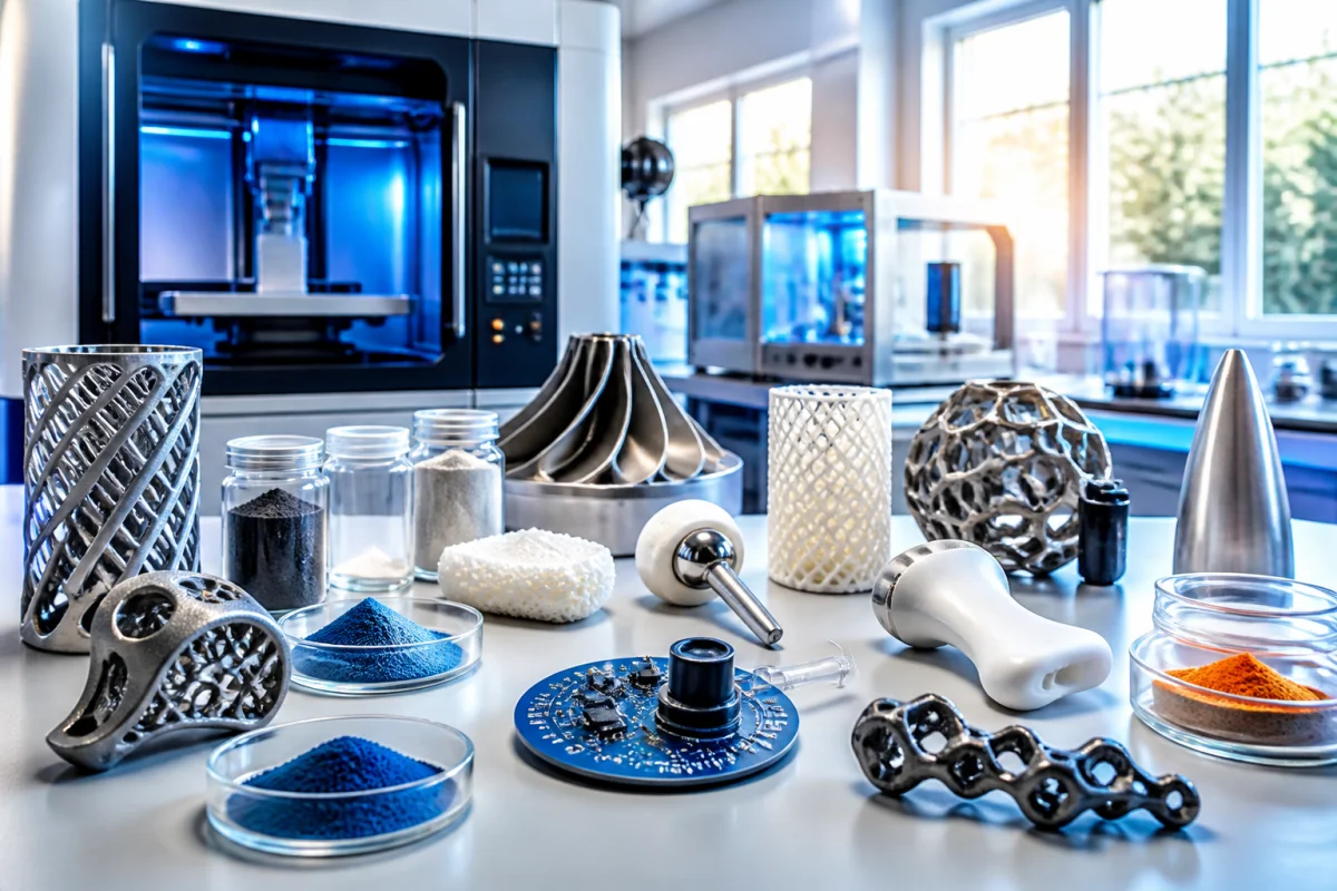 Matériaux intelligents et pièces imprimées en 3D autour d’un module de capteurs dans un laboratoire high tech futuriste