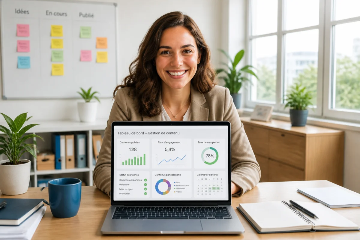 Professionnelle consultant un tableau de bord de gestion de contenu en entreprise, avec indicateurs de performance clairs