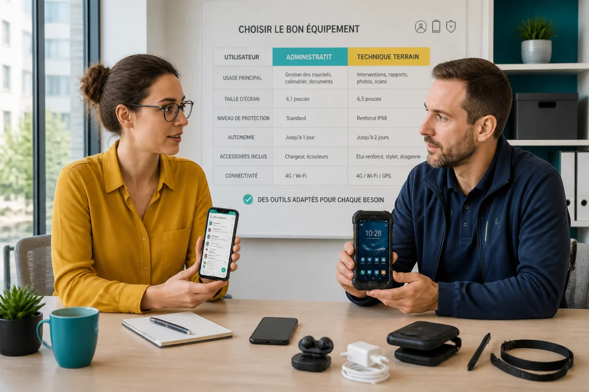 Gestion du matériel mobile en entreprise illustrée par deux employés comparant un smartphone et un appareil renforcé