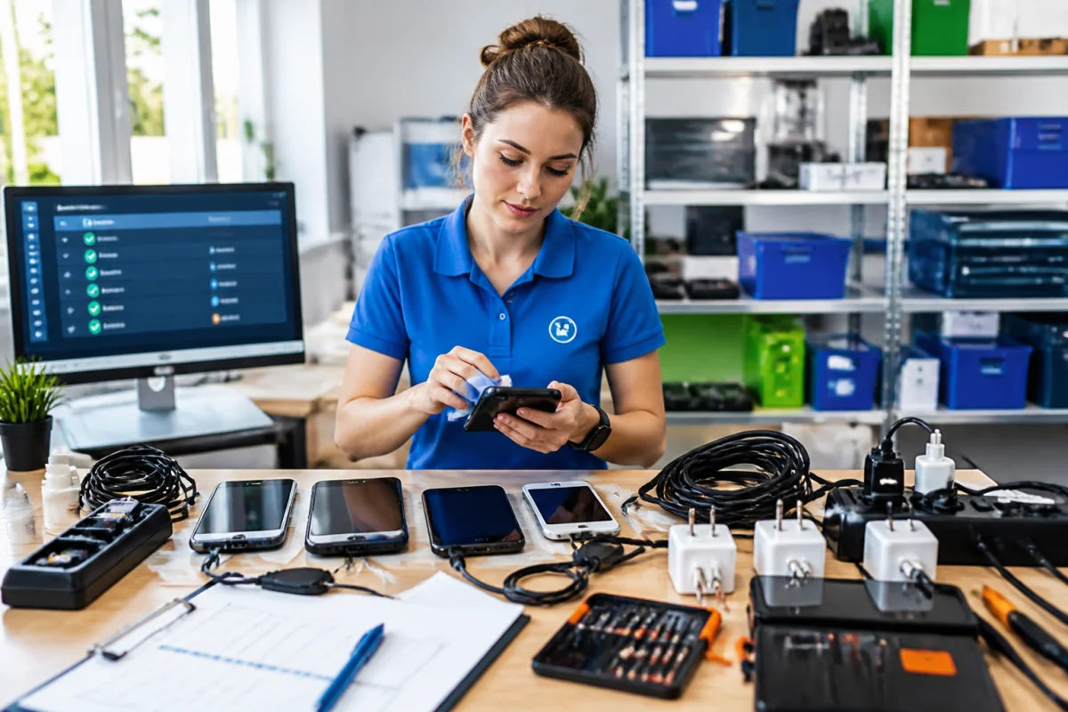 Technicienne vérifiant des appareils mobiles et chargeurs pour la gestion du matériel mobile en entreprise