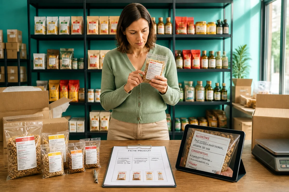 Commerçante vérifiant l’étiquetage de produits alimentaires emballés, illustrant l’importation alimentaire pour commerçants en épicerie.