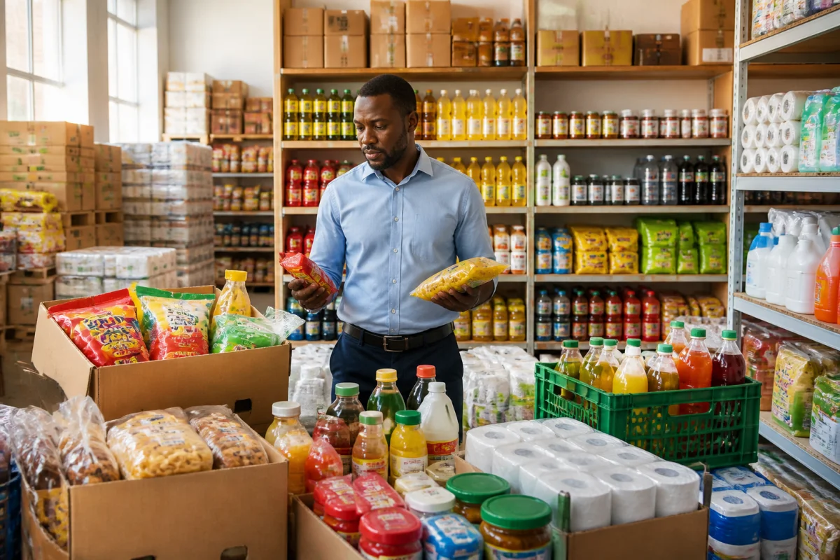 Commerçant examinant une sélection de produits alimentaires et non alimentaires dans un entrepôt de grossiste organisé