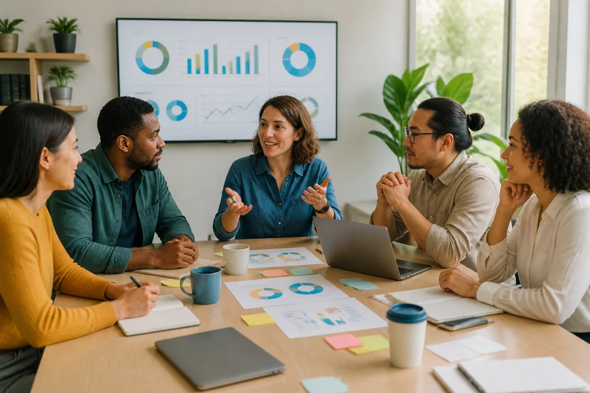 Management d'équipe en entreprise : manager et équipe diverse analysant des indicateurs dans une réunion collaborative