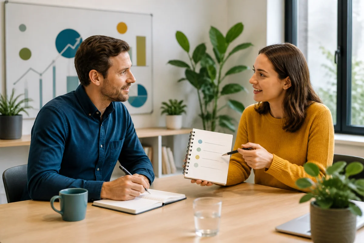 Manager et collaboratrice en entretien individuel pour un management d’équipe en entreprise constructif et motivant