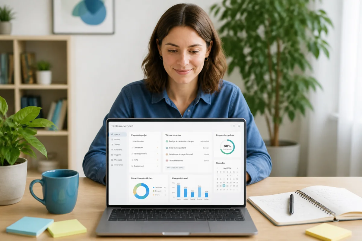 Professionnelle utilisant Nubiz pour organiser ses projets sur ordinateur portable dans un espace de travail lumineux et moderne