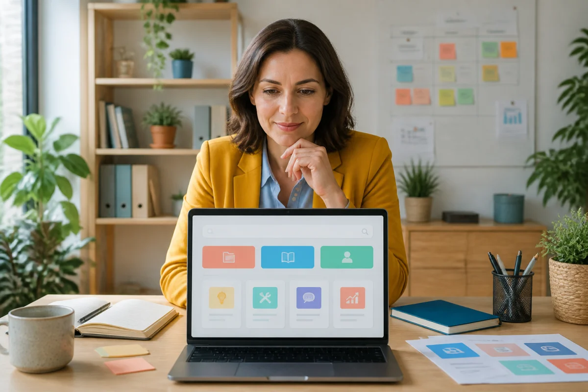 Professionnelle consultant Nubiz sur ordinateur, entourée de ressources et repères pour avancer sereinement dans ses projets
