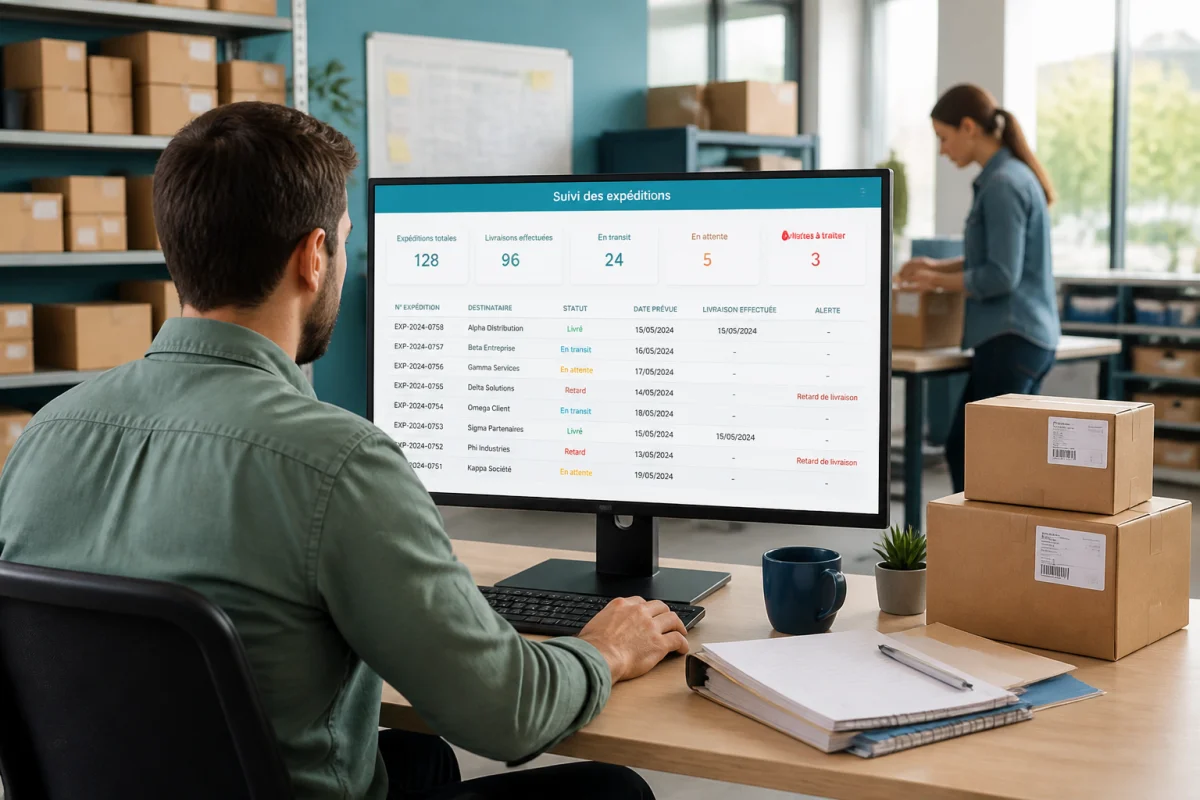 Responsable logistique analysant un tableau de suivi des expéditions en entreprise, entouré de colis et documents organisés