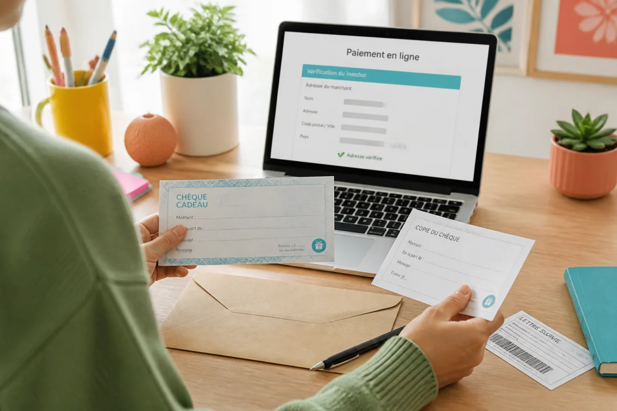 Préparation d’un chèque cadeau papier pour payer en ligne avec un chèque Kadéos Infini, enveloppe et ordinateur portable.