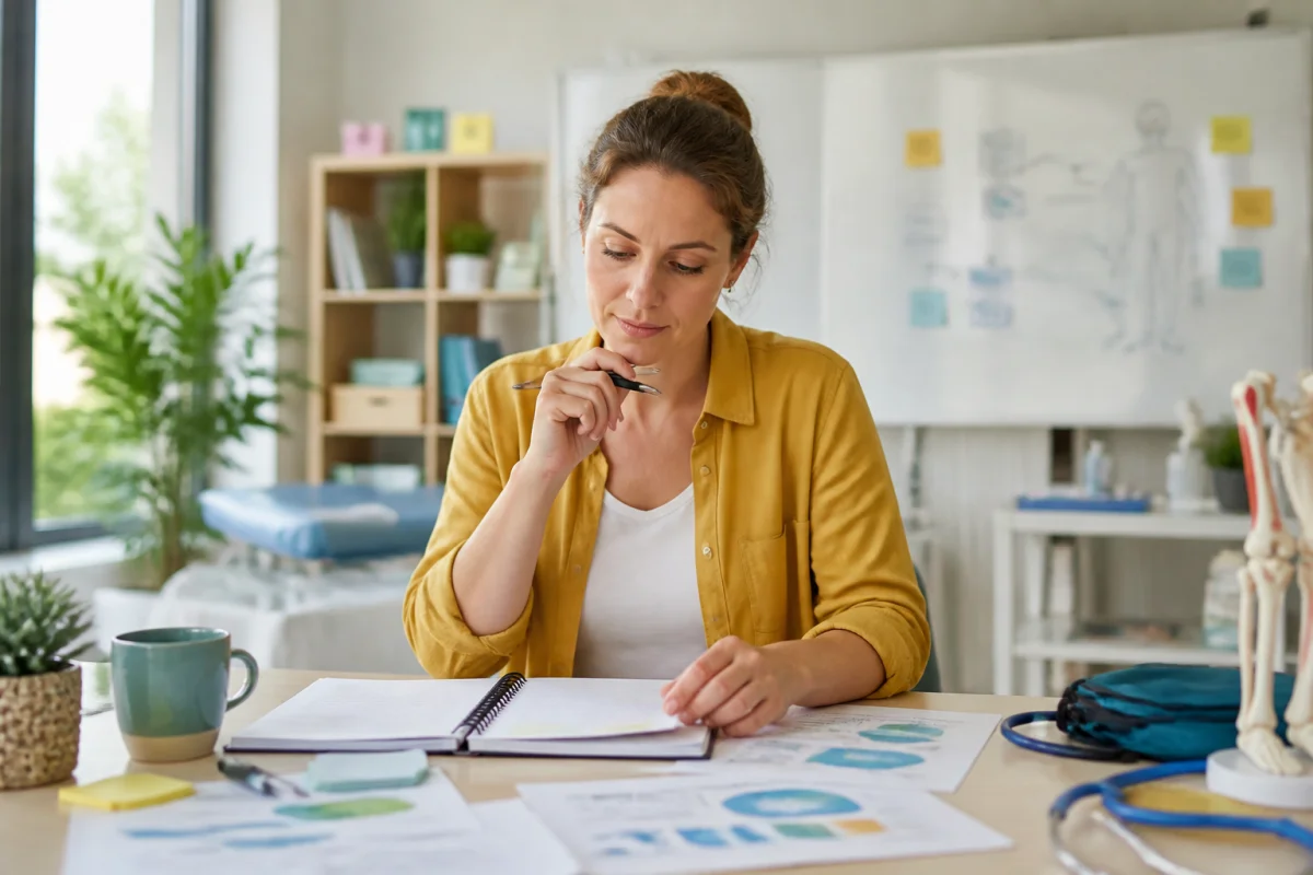 Adulte préparant sa reconversion professionnelle, planifiant son parcours avec un carnet dans une salle de formation lumineuse.