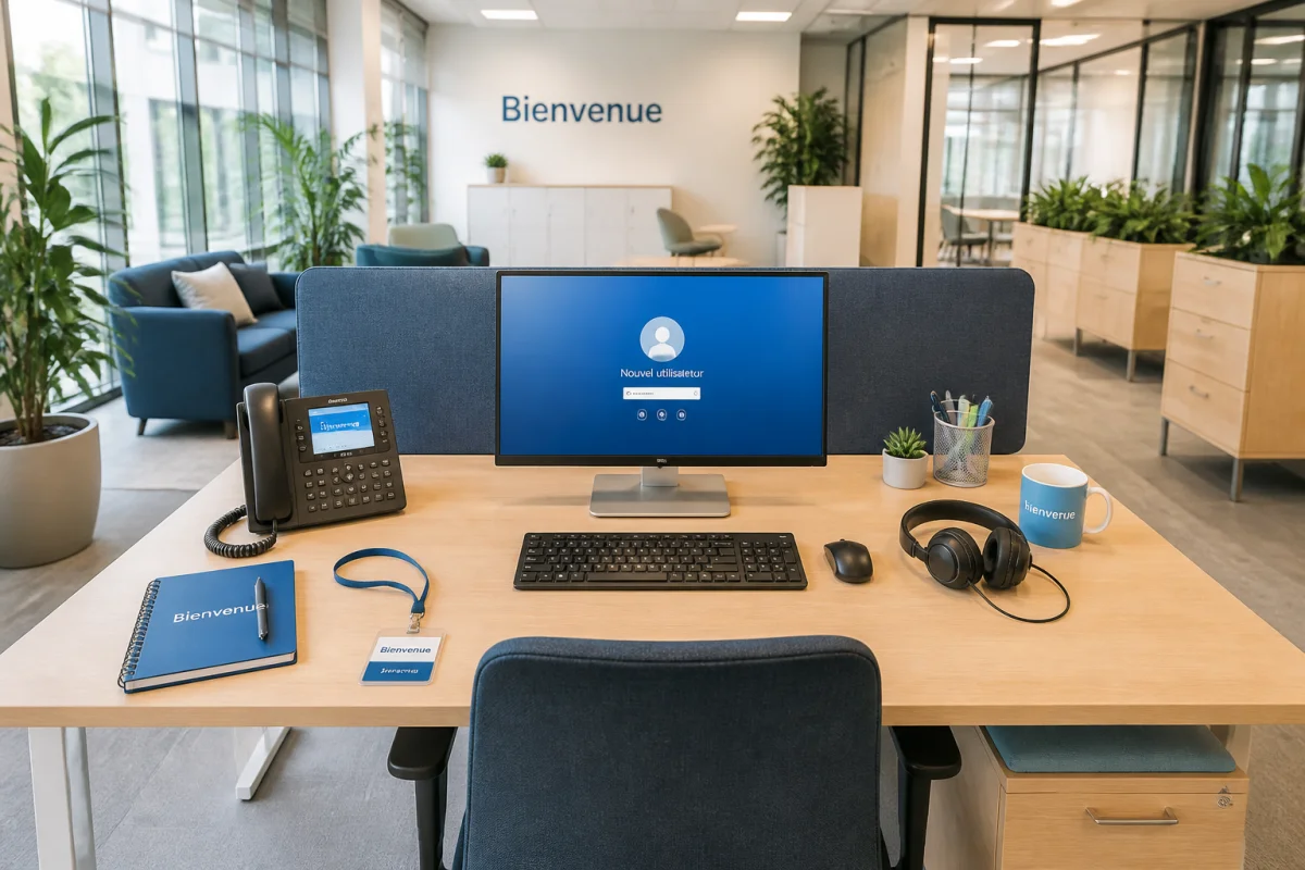 Poste de travail moderne préparé pour le processus d’intégration d’un nouveau salarié, avec équipements professionnels et fournitures organisés