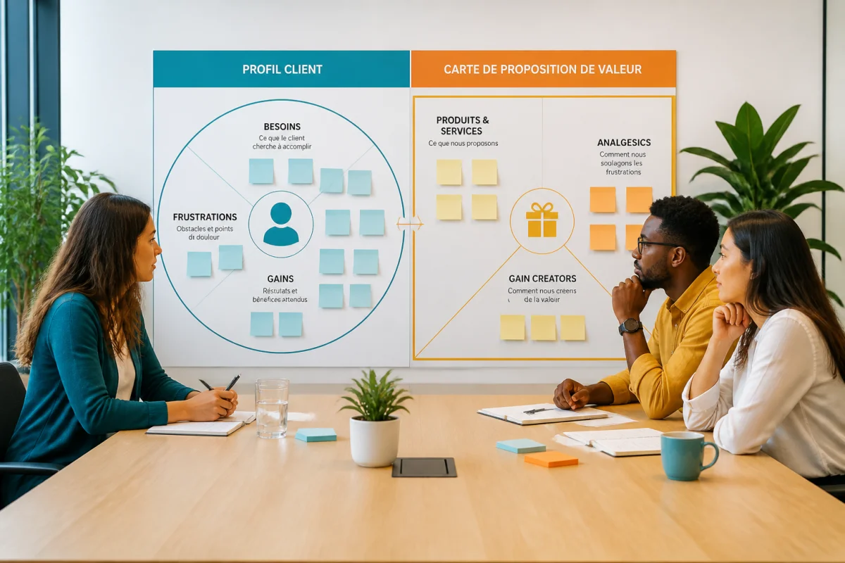 Équipe diverse collaborant autour d’un proposition de valeur canvas séparant profil client et solutions d’entreprise.
