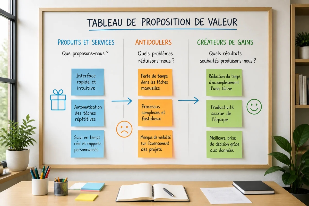 Tableau de proposition de valeur canvas présentant produits, antidouleurs et créateurs de gains sur notes colorées