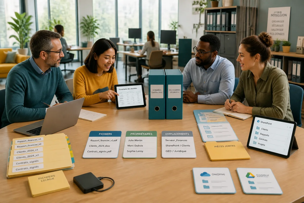Équipe diverse identifiant et centralisant les données d’entreprise sur ordinateurs, tablettes et dossiers papier lors d’une réunion.