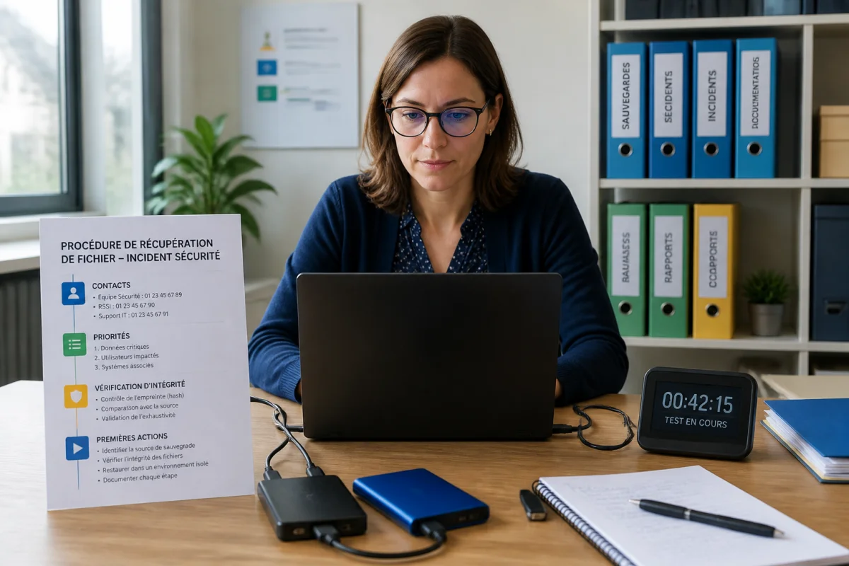 Professionnelle de la cybersécurité appliquant une procédure pour protéger les données d’entreprise et récupérer un fichier.