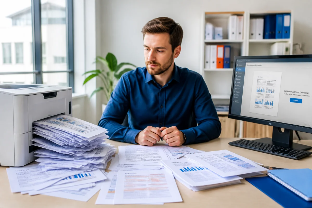 Employé de bureau face à une imprimante, observant des documents mal imprimés pour réduire les coûts d’impression en entreprise