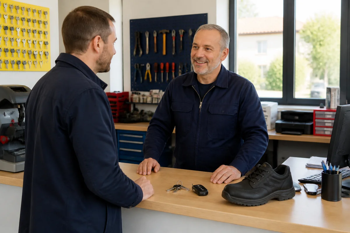 Professionnel accueillant un dirigeant, avec clés, télécommande et chaussure réparée dans un atelier de services administratifs pour entreprises