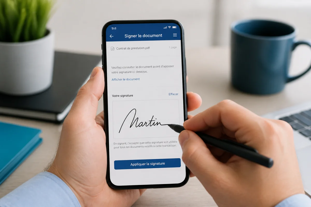 Comment faire une signature électronique : main traçant une signature au stylet sur smartphone, dans une interface numérique.
