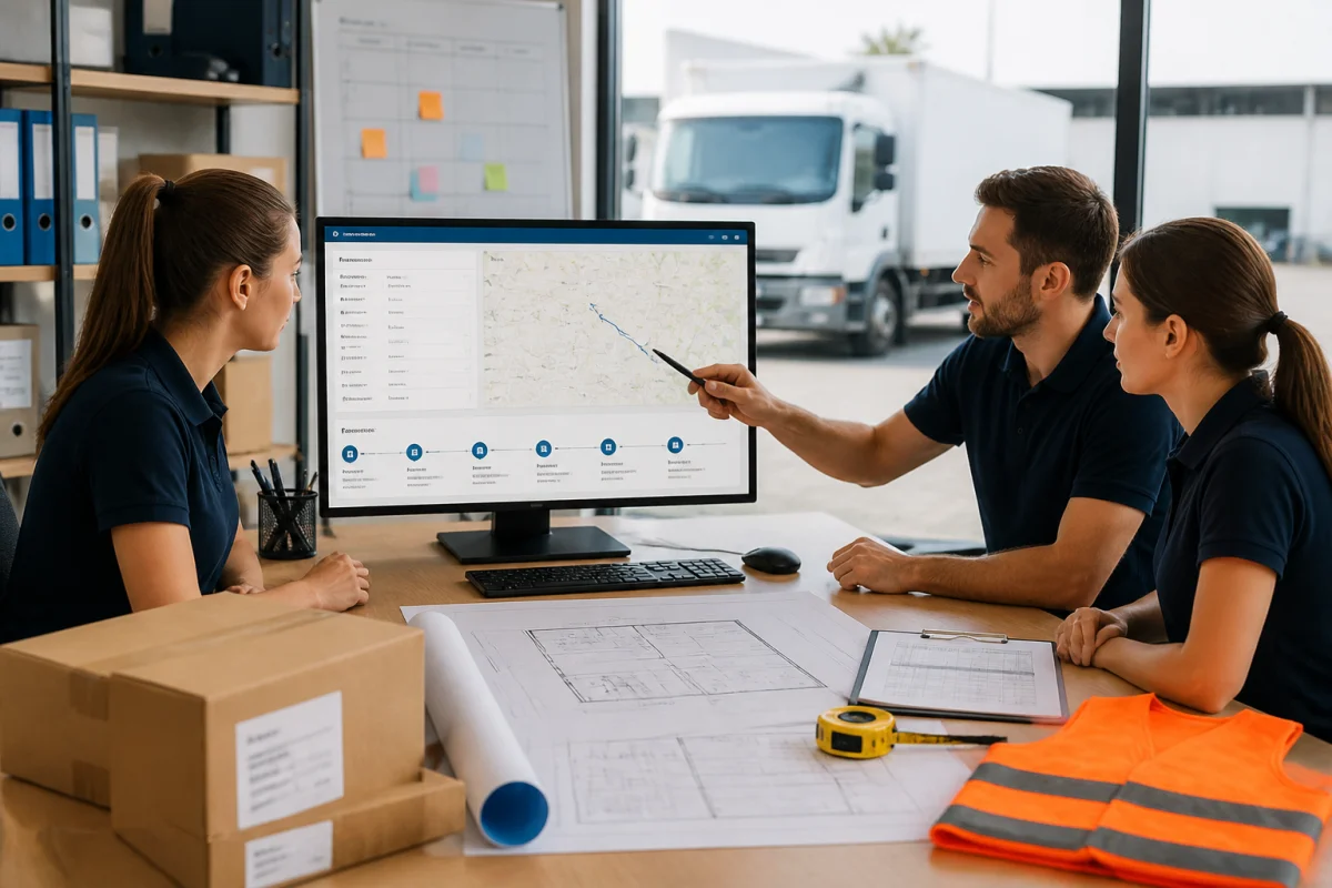 Équipe logistique utilisant un site web d’entreprise de transport pour planifier une livraison et vérifier les informations de chargement