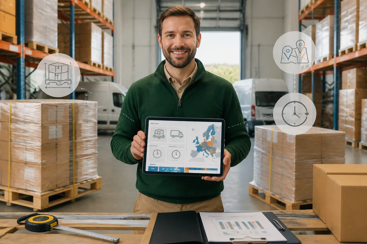 Responsable logistique présentant une offre de transport de palettes sur tablette dans un quai d’expédition moderne et organisé