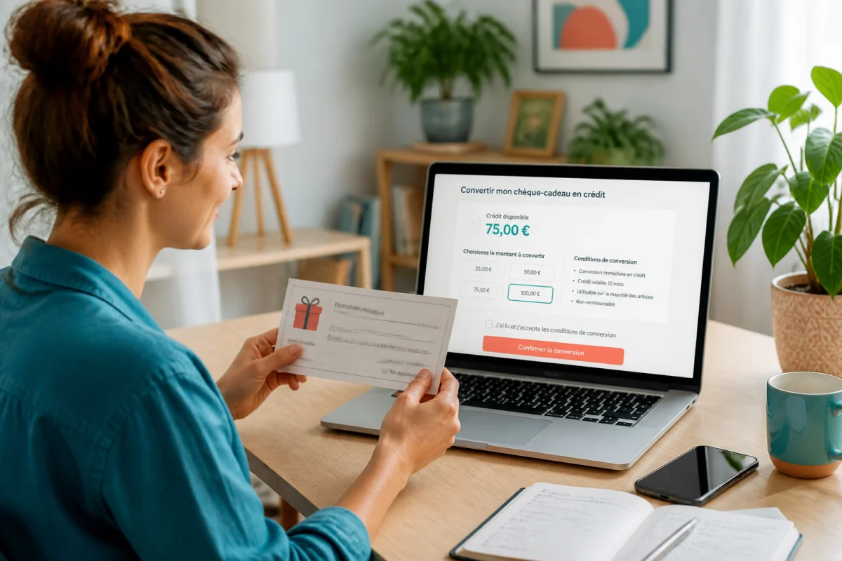 Conversion d’un chèque Kadéos Infini en crédit numérique sur une plateforme de vente en ligne via ordinateur portable