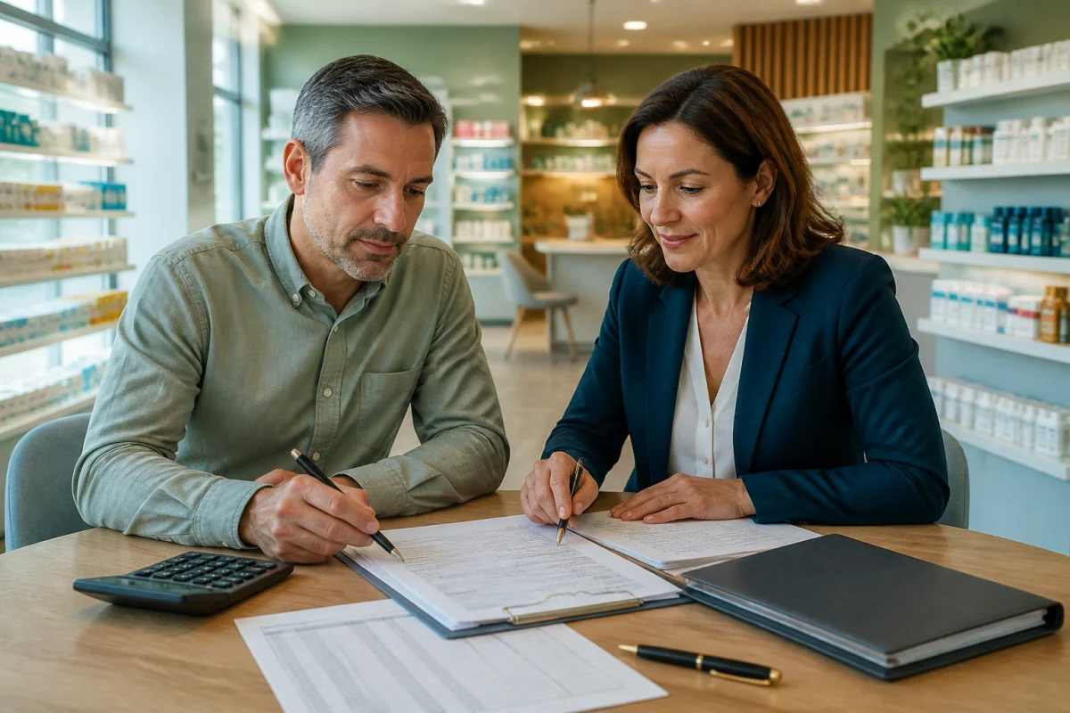 Professionnels étudiant un dossier de vente de pharmacies avec documents et calculatrice dans une officine lumineuse
