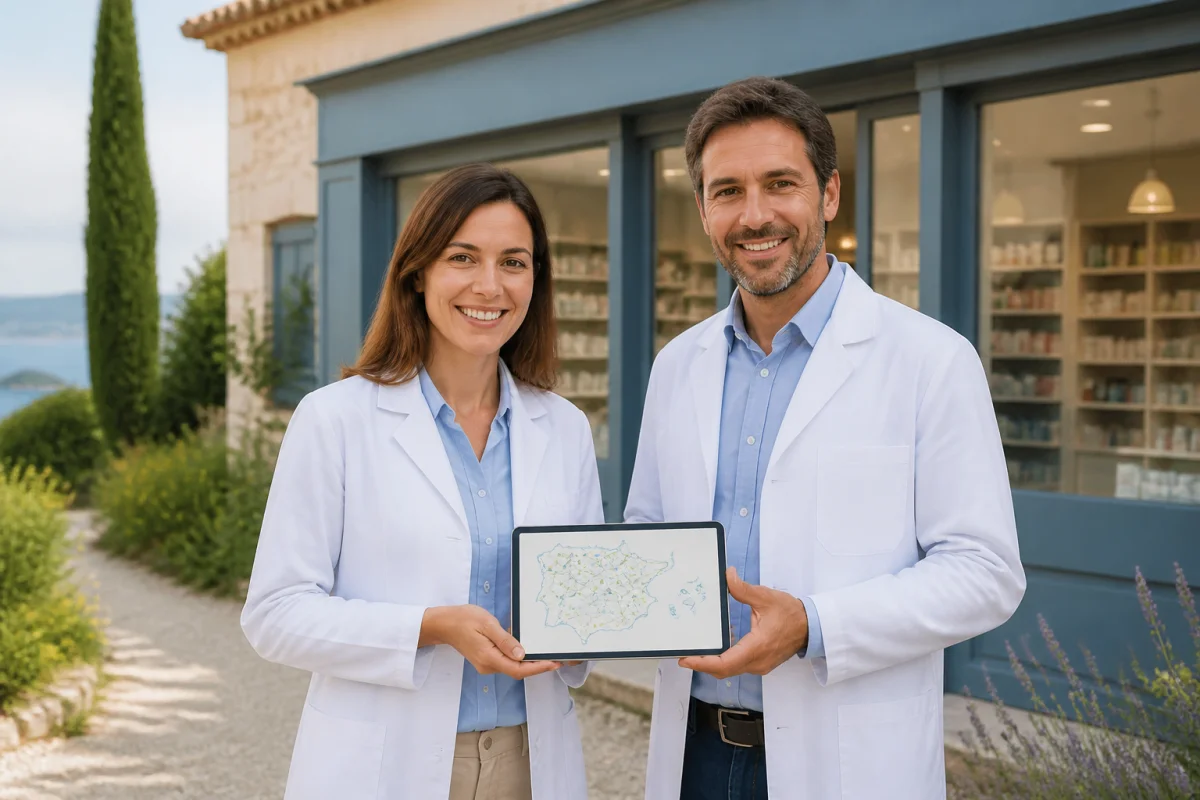 Pharmacienne et pharmacien souriants accompagnant la vente de pharmacies devant une officine indépendante régionale