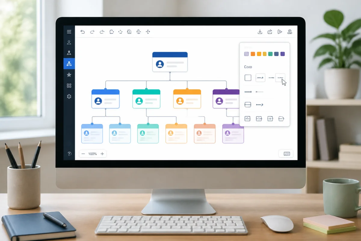 Écran d’ordinateur affichant un organigramme hiérarchique coloré et personnalisable, avec outils de mise en forme visibles.