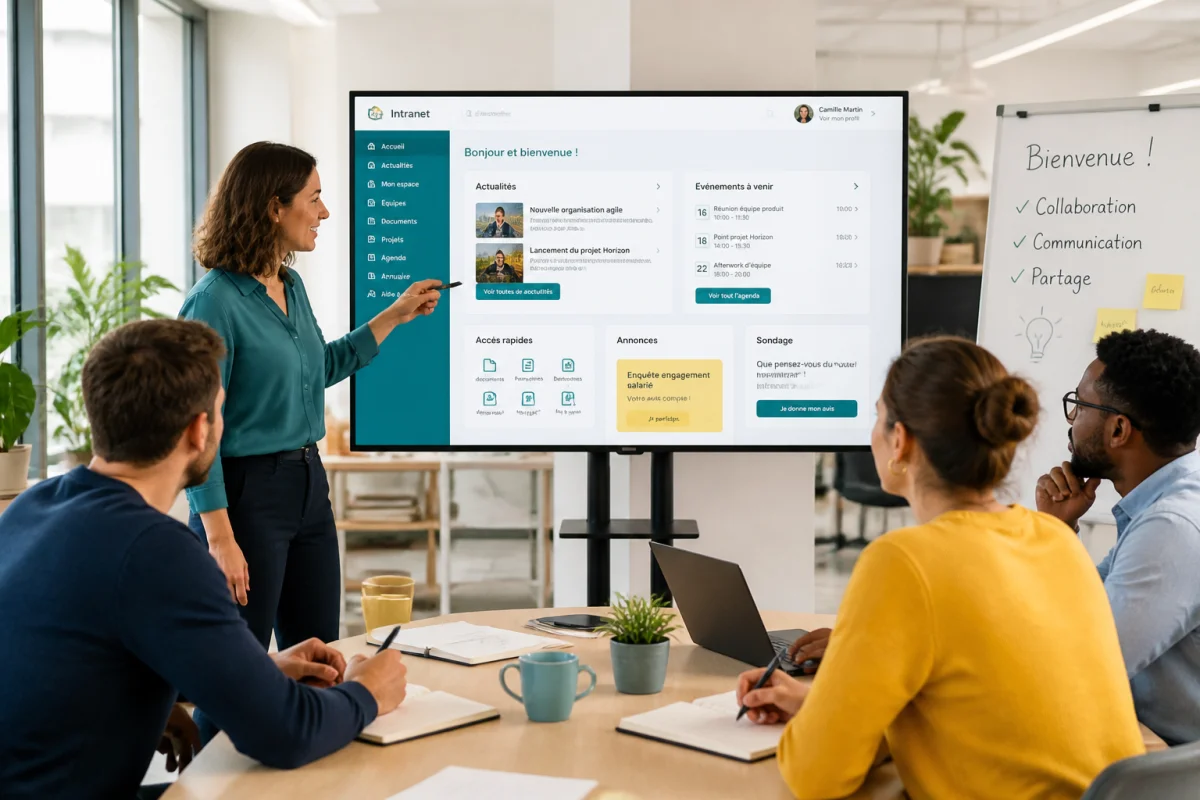 Formation communication interne réunissant une formatrice et trois salariés autour d’un intranet moderne et interactif.