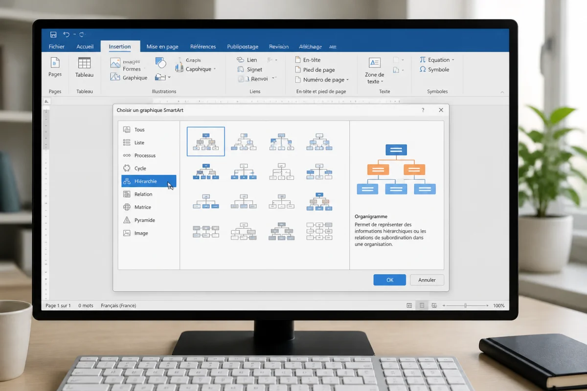 Comment faire un organigramme sur Word avec le menu SmartArt et la catégorie Hiérarchie sélectionnée