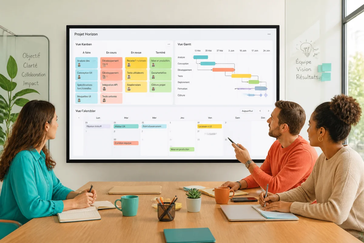 Équipe diverse collaborant autour d’un écran affichant Kanban, Gantt et calendrier, illustrant un outil collaboratif de gestion de projet