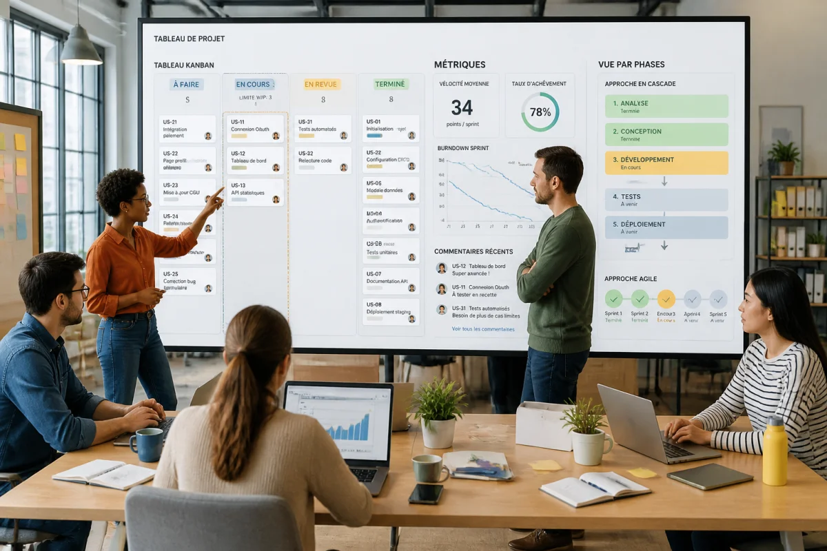 Équipe diverse utilisant un outil collaboratif de gestion de projet avec tableau Kanban, phases, indicateurs et tâches colorées